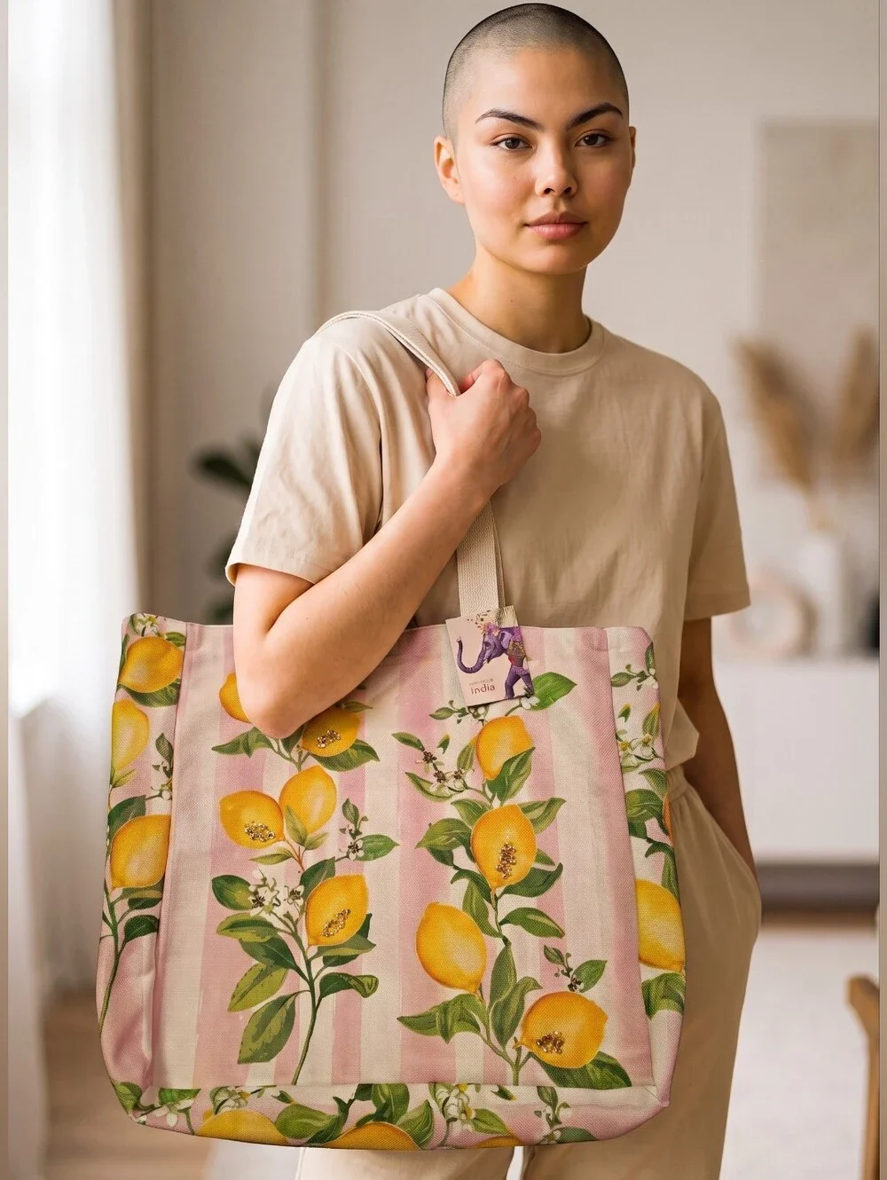 Handcrafted Lemon Print Canvas Everyday Tote